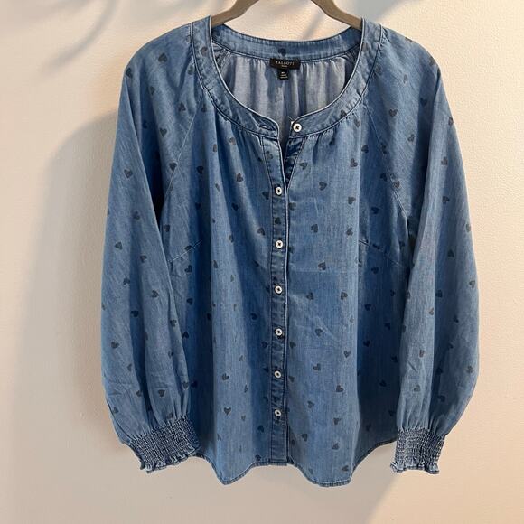 NWT Talbots 100% Cotton Heart Patterned Denim Ruffle Top Size MP - Picture 2 of 8